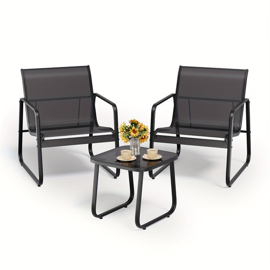 3-Delige Tuinset – Bistroset – Balkonset – Tuinmeubelset – Terrasset – Metalen Frame – Glas Tafelblad – Comfortabele Gebogen Rugleuning – Ademend Teslin Bekleding – Zwart