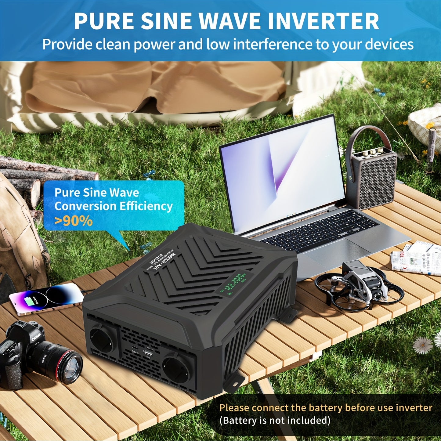 2000W Omvormer – Power Inverter – Spanningsomzetter – Stroomomzetter – Sine Wave Omvormer – Pure Sinusgolf – 4000W Piekvermogen – Metalen Behuizing