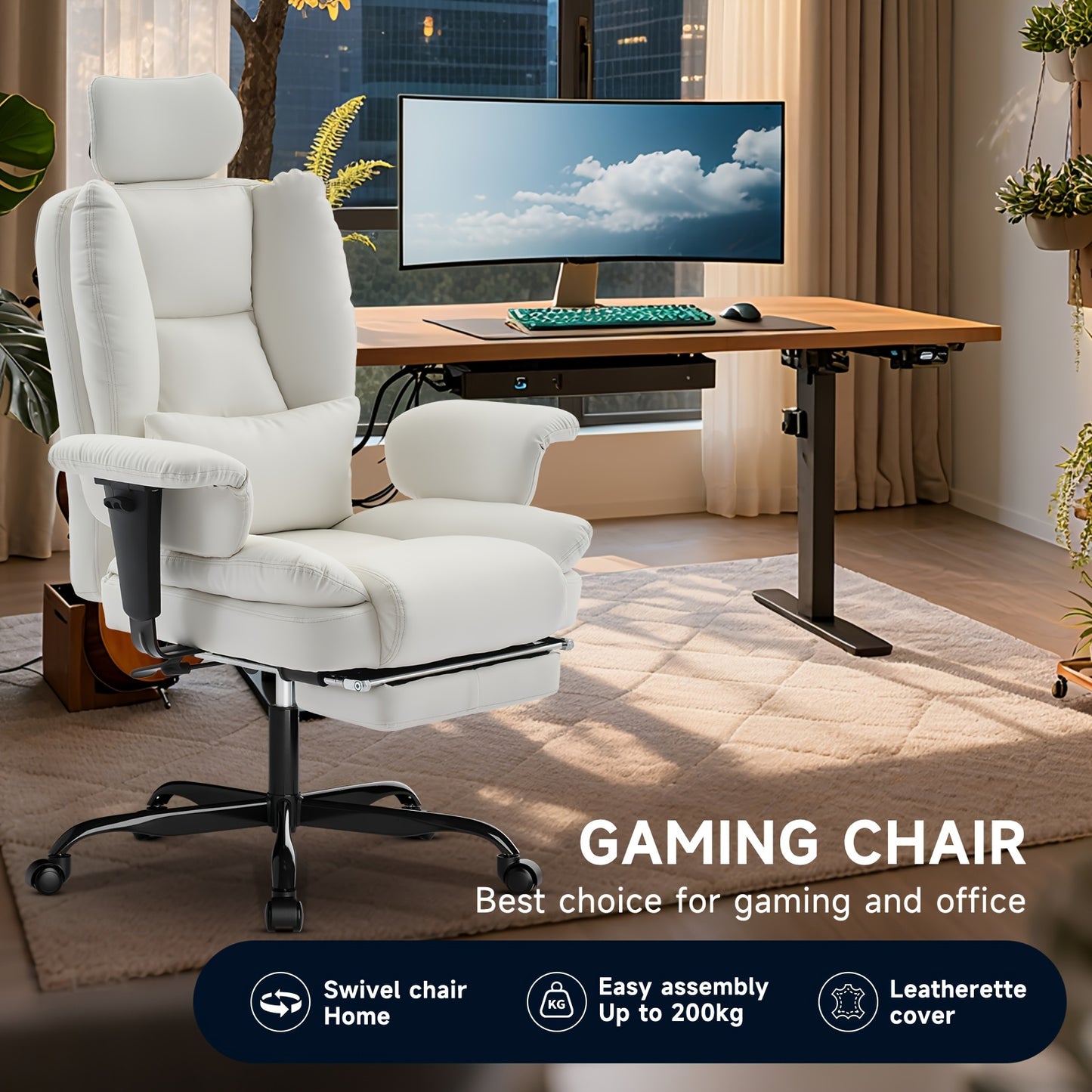 Bureaustoel – Ergonomische Stoel – Kantoorstoel – Draaistoel – Verstelbare Bureaustoel – Memory Foam Kussen – Stevig Metalen Frame – Wit