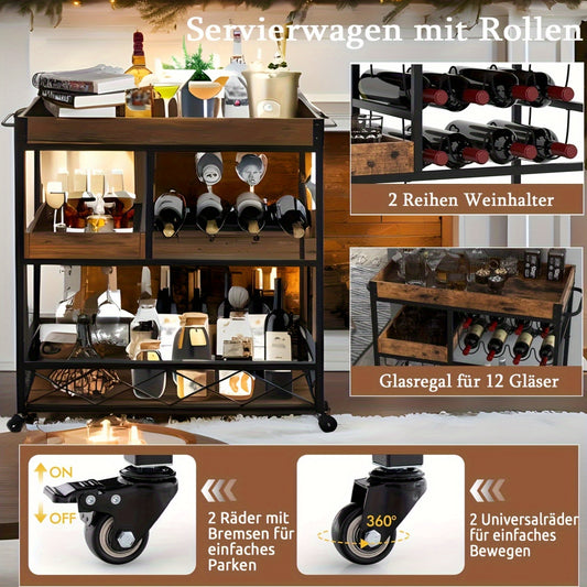 Vintage Industrieel Barwagen – Bar Cart – Serveerwagen – Wijnrek Trolley – Keukenwagen – 85x40x90 cm – Met 8 Wijnrekken en Glashouder – Mobiel Met Wieltjes – Bruin Hout Afwerking