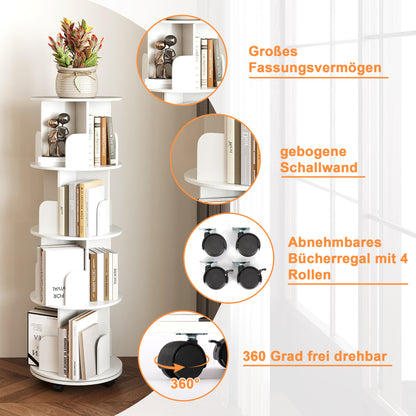 Boekenplank – Boekenrek – Wandplank – Boekenkast – Wandrek – 4 Lagen – 360° Draaibaar Met Remwielen – Wit MDF – Stevig & Gemakkelijk Te Monteren