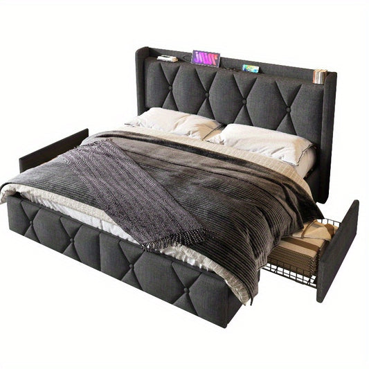 Bedframe 140x200 – Tweepersoonsbed – Opbergbed – Gestoffeerd Bed – Lattenbodem – Grijs – Met Opberglades en Hoofdeinde – Inclusief Matras en Houten Latten
