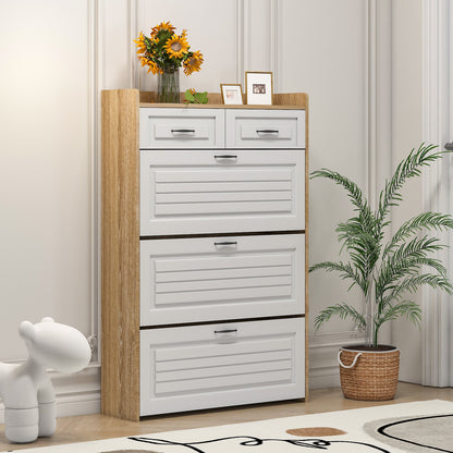 Schoenenkast – Schoenenrek – Schoenopberger – Schoenenmeubel – Schoenendisplay – Draaibare Vakken – 3 Flappen + 2 Laden – Wit Hout – Compact 80x23,5x125 cm