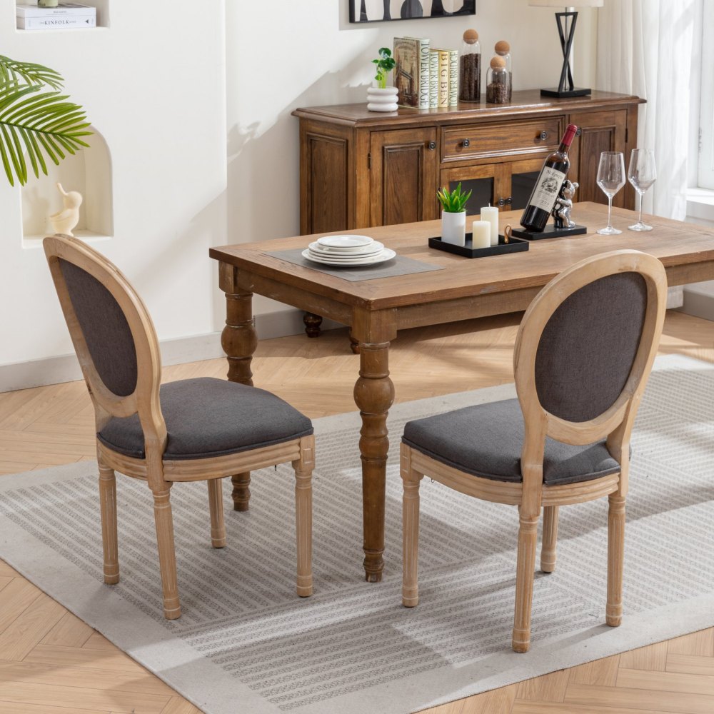 Dining chairs, French-style frame with Vintage oil painting-inspired linen upholstered backrest, set of two, deep grey, comfortable and durable.