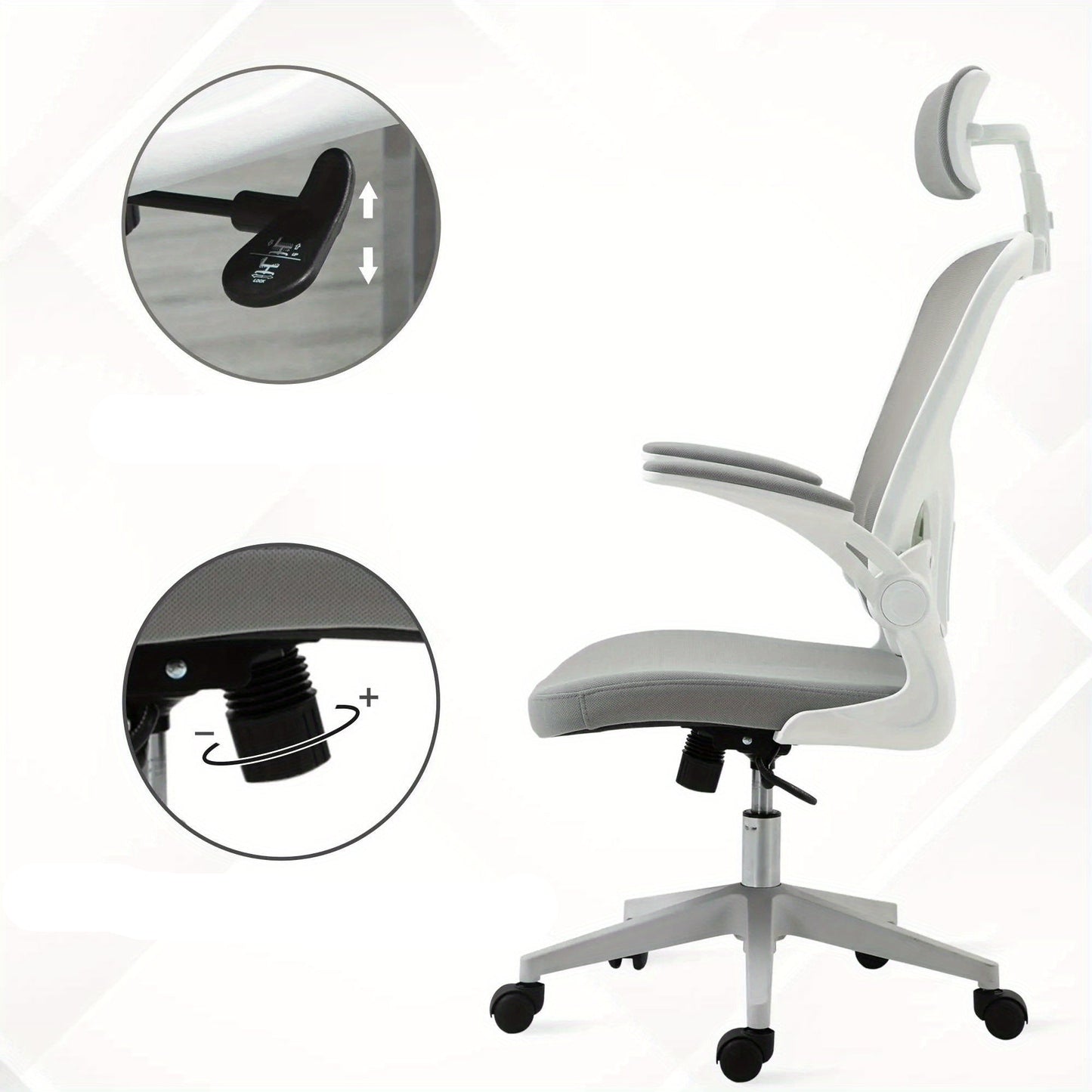 Bureaustoel – Ergonomische Stoel – Kantoorstoel – Draaistoel – Office Chair – Verstelbare Hoofdsteun – Ademend Mesh – Schommelfunctie – Hoogte Verstelbaar – Grijs