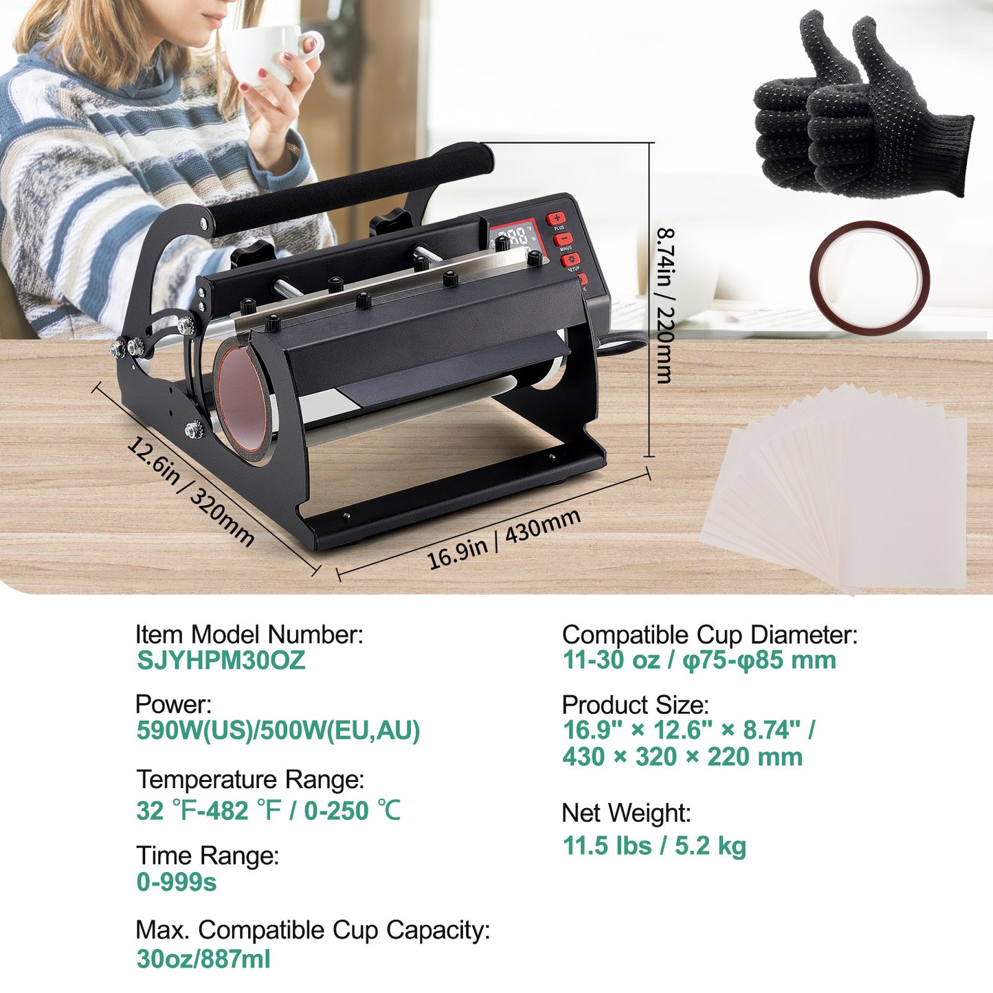 Tumbler Heat Press – Mokpers – Drinkbeker Pers – Sublimatie Pers – Beker Transfermachine – Verstelbaar Voor 11-30oz – Digitale Temperatuur- en Timerinstellingen