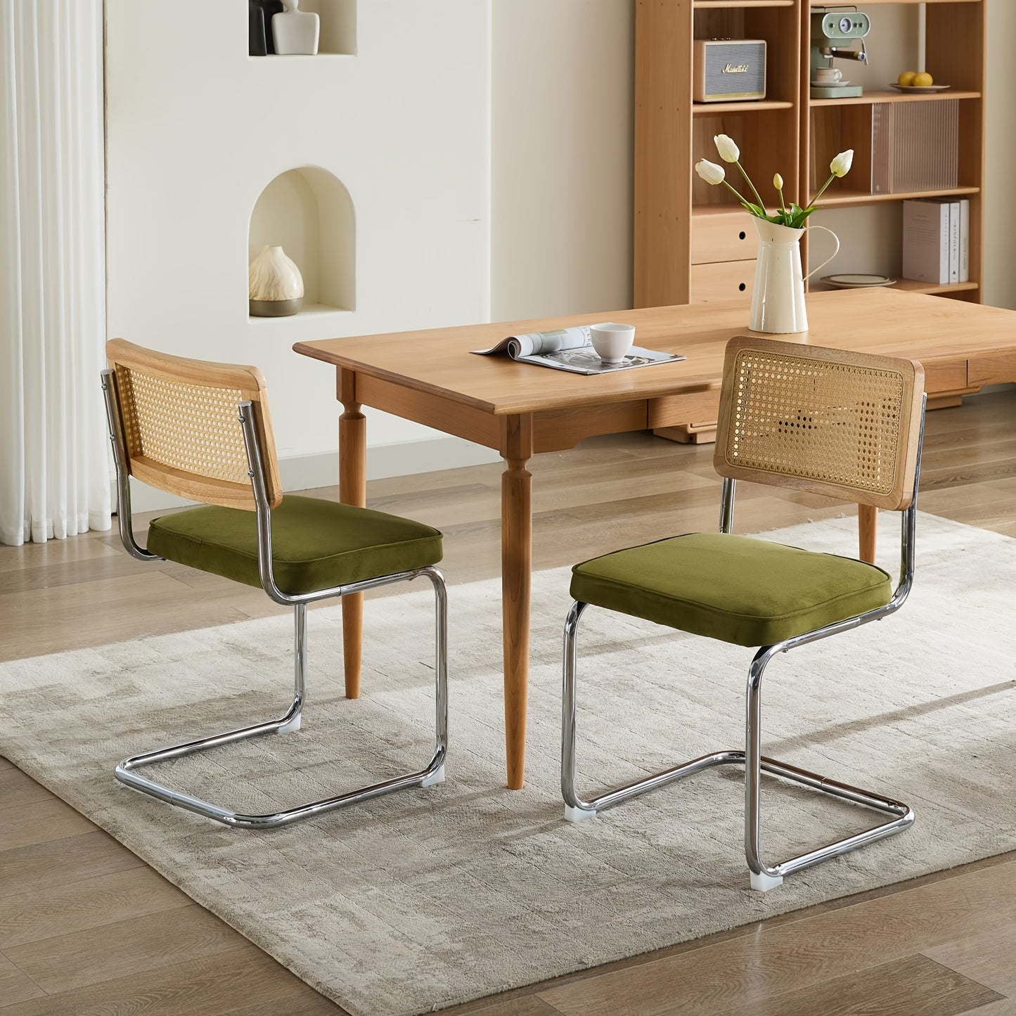 Two-piece Medieval-modern Dining Chair Set | Velvet Upholstered Seats, Natural Rattan Backrests, Stainless Steel Chrome-plated Base in Olive Green, Classic Style, Spot-clean Care
