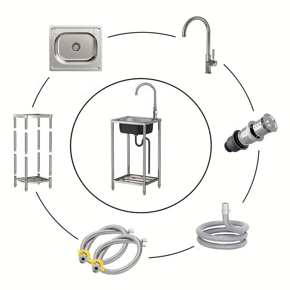 Single Bowl Kitchen Sink, Freestanding Garden Outdoor Sink, Movable Stainless Steel Sink, Essential Sink for Rentals, Sink with Hot And Cold Water Faucet, Suitable for Restaurants, Gardens, Garages, And Camping
