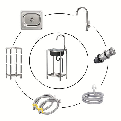 Single Bowl Kitchen Sink, Freestanding Garden Outdoor Sink, Movable Stainless Steel Sink, Essential Sink for Rentals, Sink with Hot And Cold Water Faucet, Suitable for Restaurants, Gardens, Garages, And Camping