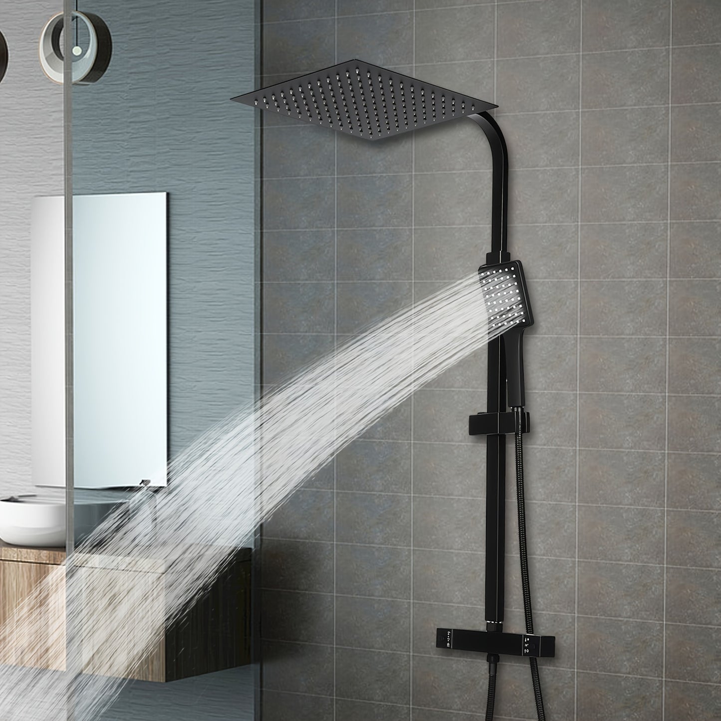Regendouche – Doucheset – Douchekolom – Thermostaatkraan – Handdouche – RVS – 30 x 30 cm – Anti-scald bescherming