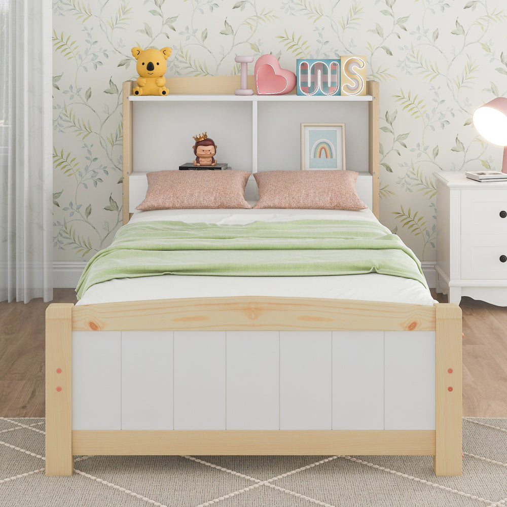 Bedframe – Eenpersoonsbed – Kinderbed – Logeerbed – Slaapbank – Massief Houten Frame – Opbergruimte Hoofdeinde – 90x200 cm – Wit – Duurzaam – Eenvoudige Montage