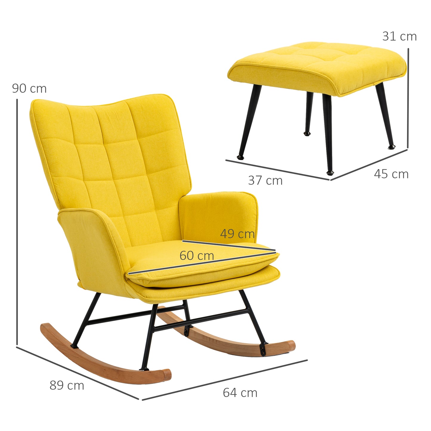 Schommelstoel – Schommelstoel Met Voetenbank – Relaxfauteuil – Wiebelfauteuil – Linnen Look Fauteuil – Gele Variant – Ergonomisch Comfort – Massief Beukenhout Frame