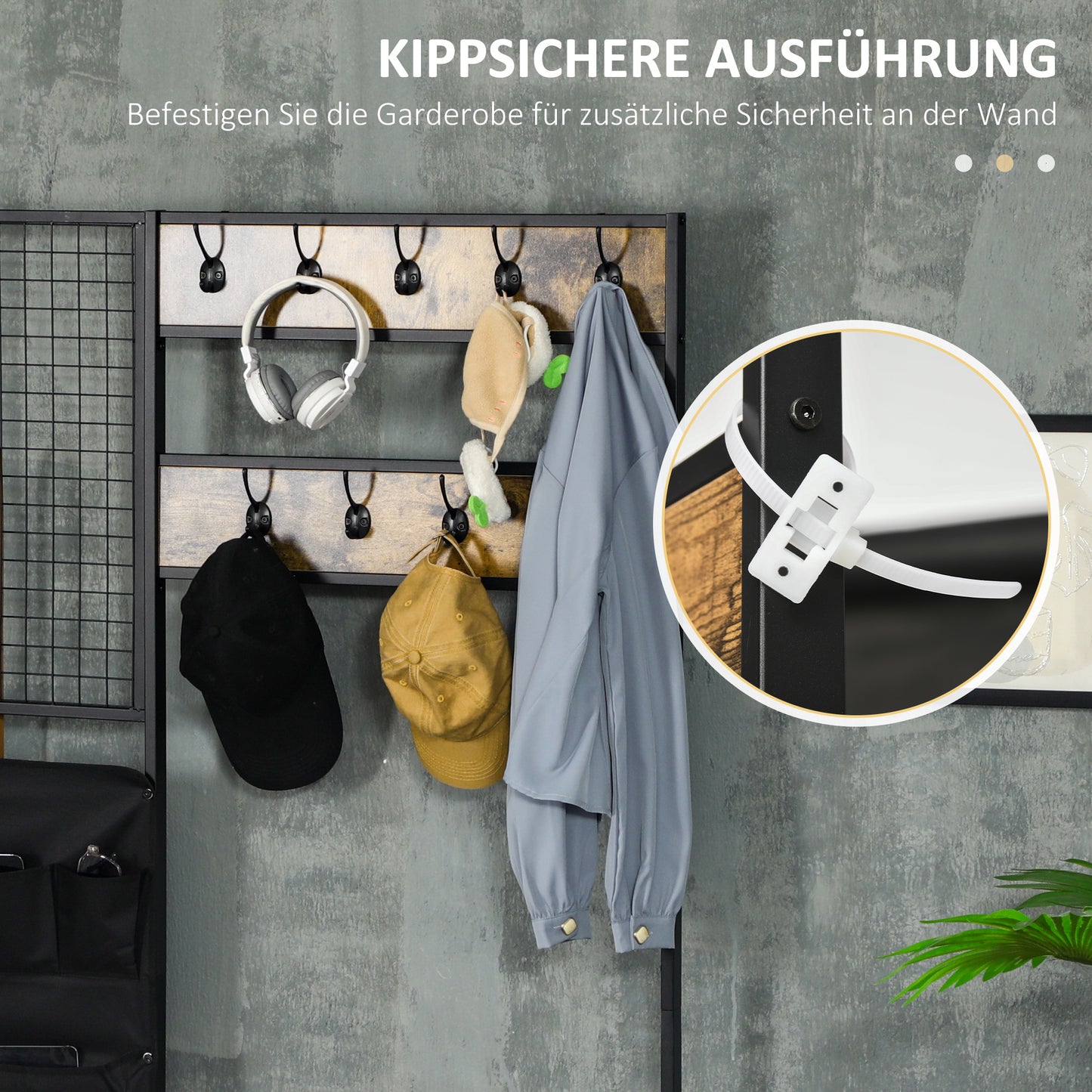 Kapstok – Garderobe – Kledingrek – Wandkapstok – Staande Kapstok – Industrieel Design – 9 Haken – Zitbank Met Schoenenrek – Zwart Bruin – Hout Metaal – 185 cm Hoog