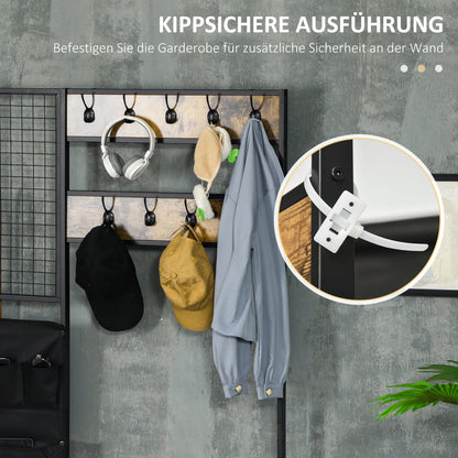Kapstok – Garderobe – Kledingrek – Wandkapstok – Staande Kapstok – Industrieel Design – 9 Haken – Zitbank Met Schoenenrek – Zwart Bruin – Hout Metaal – 185 cm Hoog