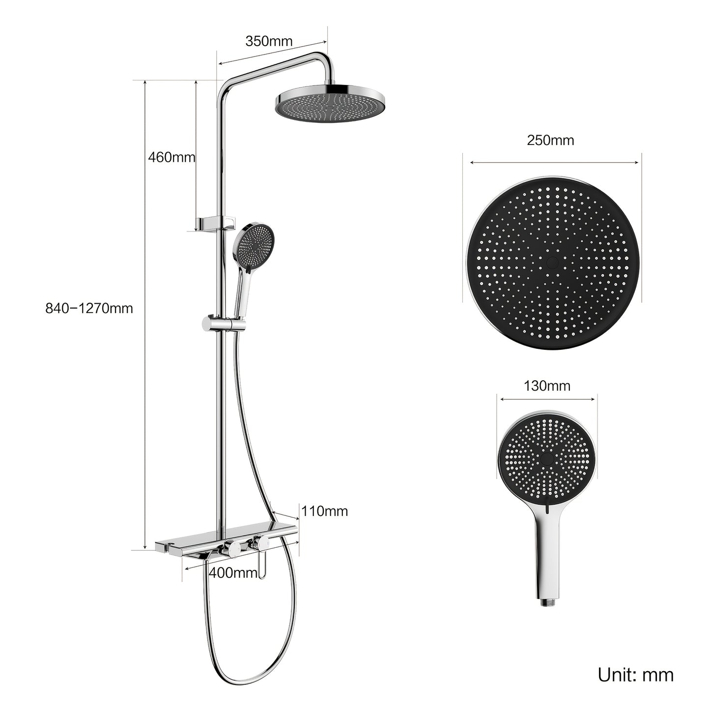 Doucheset – Douchegarnituur – Regendouche – Douchekop – Handdouche – Watervaluitlaat – 400mm Opbergbak – Chrome Afwerking