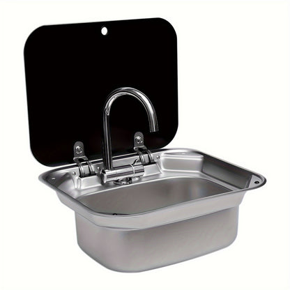 Wasbak – Spoelbak – Wastafel – Afwasbak – Roestvrij Stalen Camper Spoelbak – Compact Formaat – Temperglas Deksel