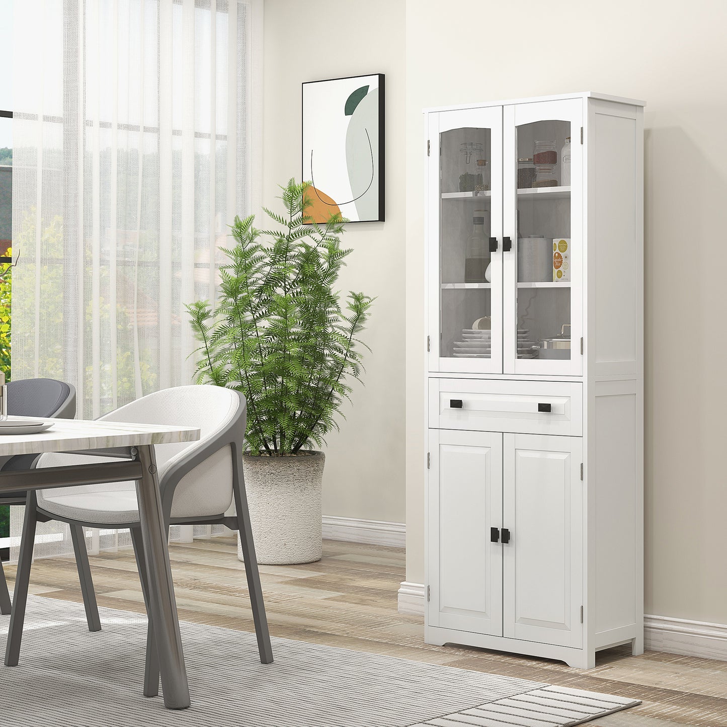Buffetkast – Hoge Keukenkast – Opbergkast – Dressoir – Wandkast – Wit – MDF Hout – 160 cm Hoog – 2 Glasdeuren & Lade