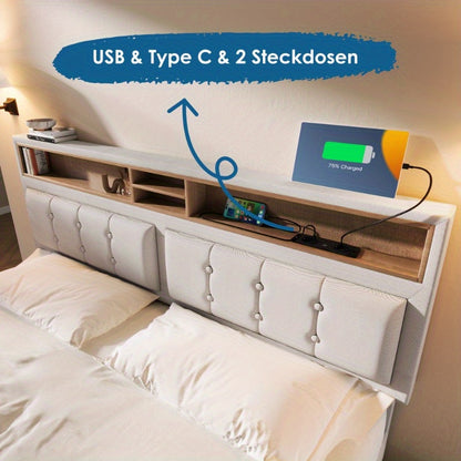 Bedkast – Tweepersoonsbed – Nachtkastje – Opbergbed – Slaapkamerkast – Verstelbaar Stoffen Hoofdbord – 4 Ruime Lades – 160x200 cm – Zonder Matras