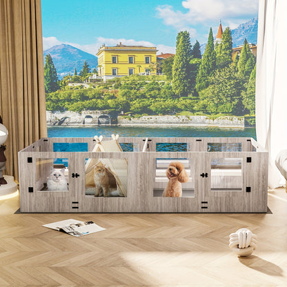 Hondenren – Hondenkennel – Werpkist – Puppyren – Binnenren – Gehard Glas – Transparante Acryl Panelen – 14 Panelen Modulair – Beschermrand Tegen Knellen – 3 Toegangsdeuren – Houten Frame – Veilig & Duurzaam