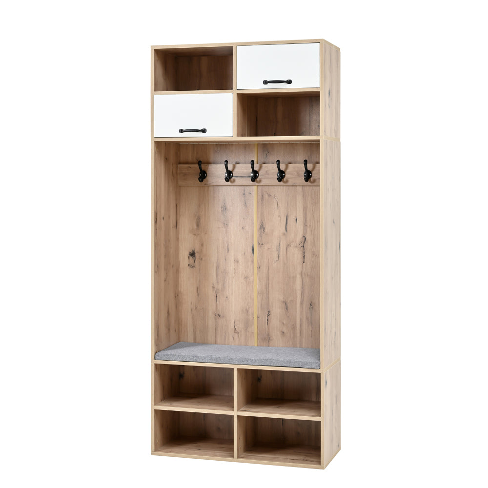 Kapstok – Halmeubel – Garderoberek – Zitbank – Opbergmeubel – 5 Haken – 2 Deuren Met 6 Open Vakken – Natuurlijk Hout Met Wit – 80x185x35 cm