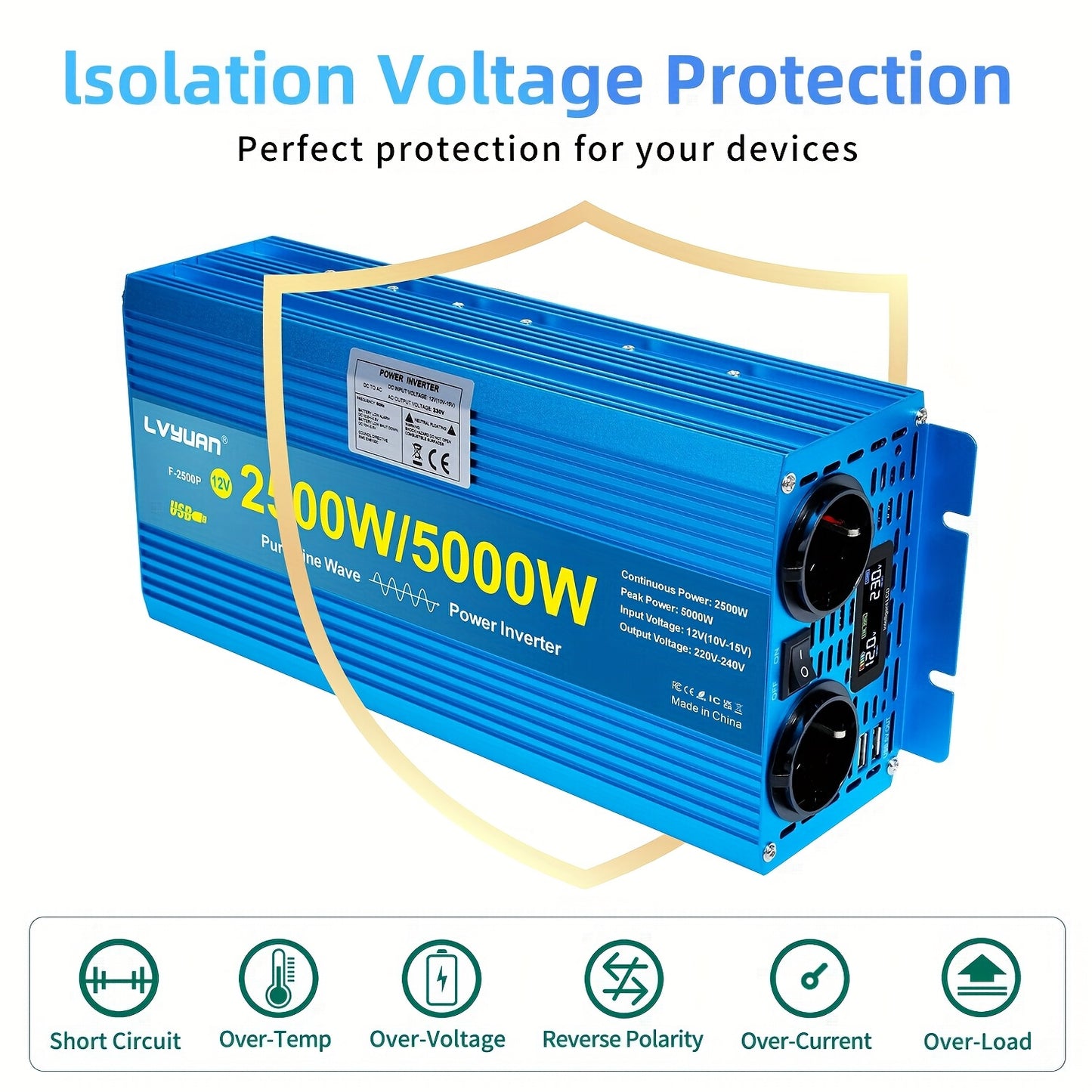 Spanningsomvormer – Omvormer – Inverter – Stroomomzetter – Converter – 2500W Zuivere Sinus – Aluminium Behuizing – LCD Display – 2x 230V Stopcontacten + USB