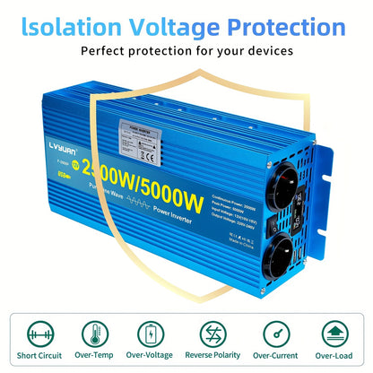 Spanningsomvormer – Omvormer – Inverter – Stroomomzetter – Converter – 2500W Zuivere Sinus – Aluminium Behuizing – LCD Display – 2x 230V Stopcontacten + USB
