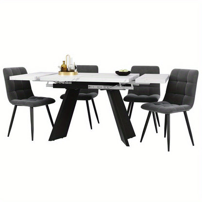 5-delige Eettafelset – Uitschuifbare Eettafel – Eetkamerset voor 4 Personen – Witte Tafel met Platte Poten – Grijze Velvet Stoelen – Ruimtebesparend – Comfortabel Ergonomisch Design