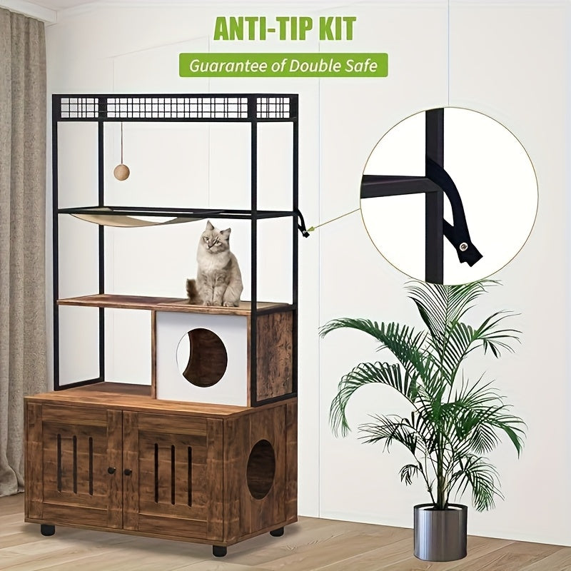 Multi-Level for cat Cabinet with Litter Box Enclosure, Metal Shelves, Hanging Bed & Play Ball - Double Door for cat House with Hidden Litter Box, Spacious for cat Cave with Entrance Tunnel - Sturdy Modern Design for Indoor fo