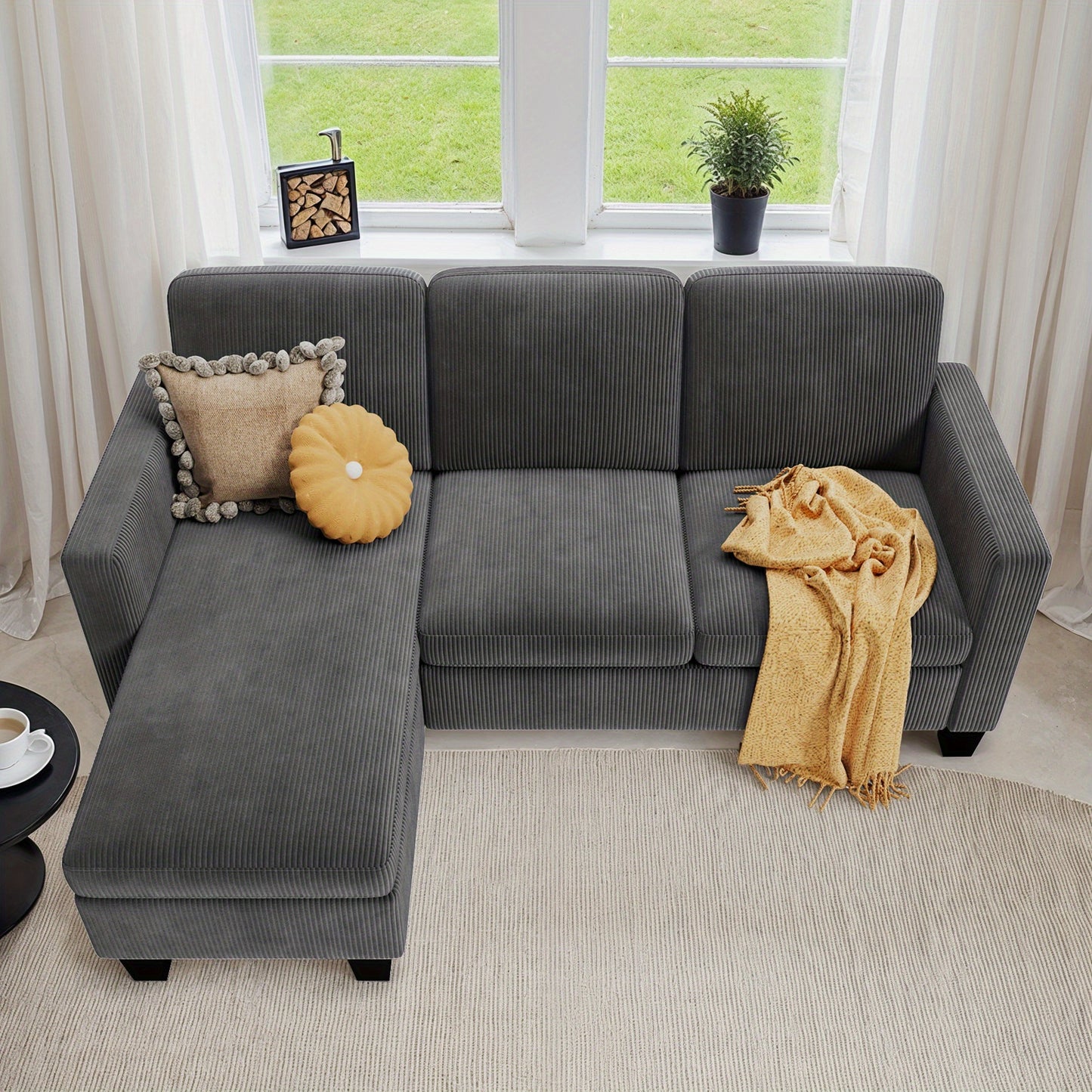 Bank – Bankstel – Hoekbank – 3-zitsbank – L-vormige Slaapbank – Hardhouten Frame – Zachte Kussens