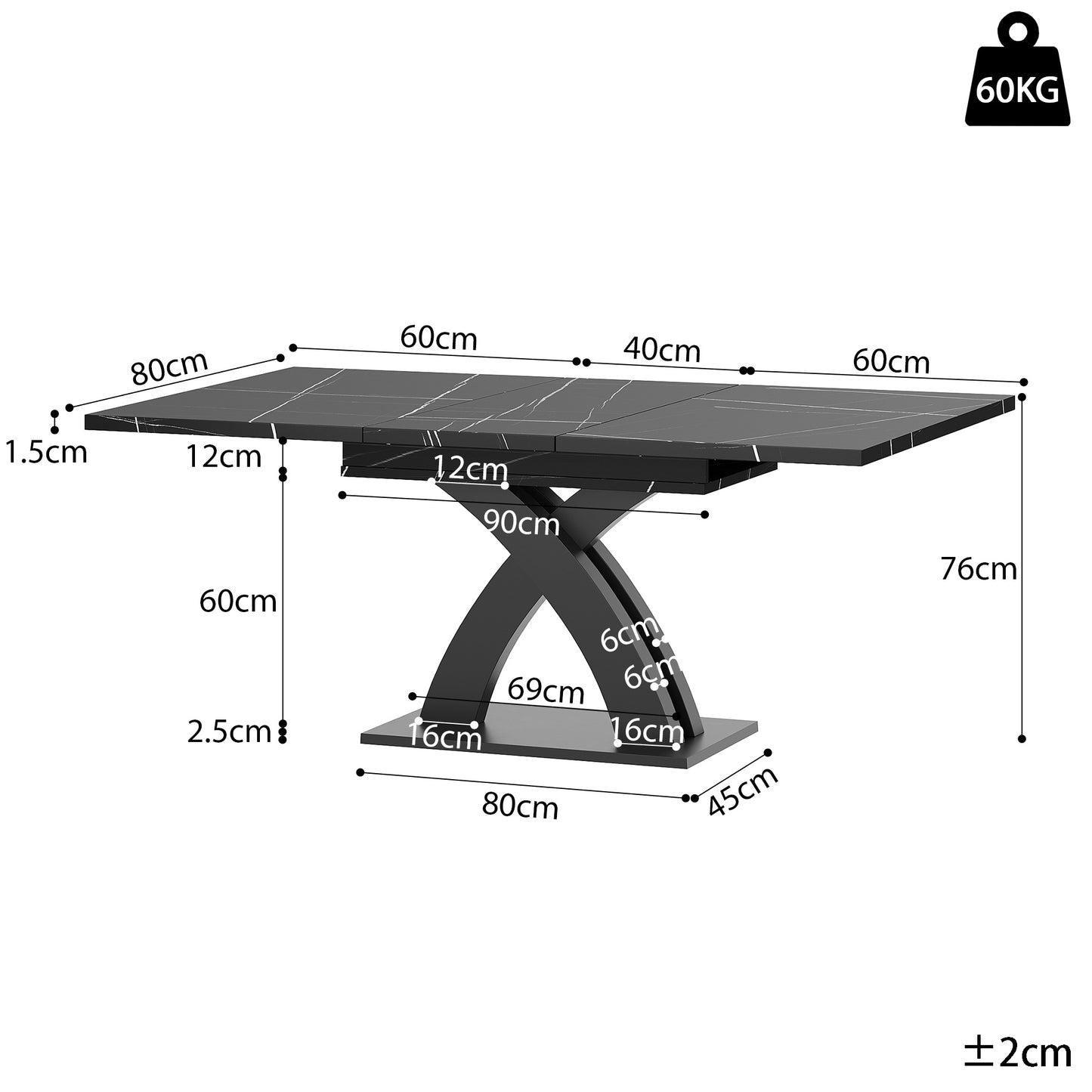 Uitklaptafel – Klaptafel – Vouwtafel – Eettafel – Campingtafel – Verlengbaar 120-160 cm – Marmerlook MDF Tafelblad – Stabiel Zwart X-Frame