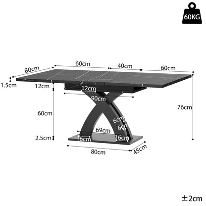 Uitklaptafel – Klaptafel – Vouwtafel – Eettafel – Campingtafel – Verlengbaar 120-160 cm – Marmerlook MDF Tafelblad – Stabiel Zwart X-Frame