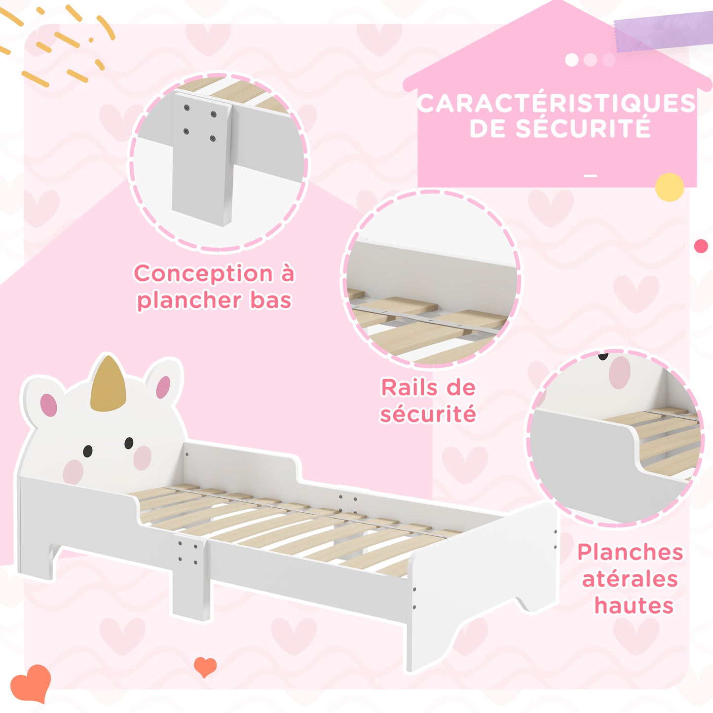 Kinderbed – Peuterbed – Jongensbed – Meisjesbed – Eenhoornbed – Laag Instapbed – MDF Constructie – 143x74x67 cm – Inclusief Lattenbodem – Veilig Zijhekje – Wit Met Eenhoornprint