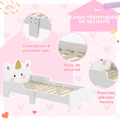 Kinderbed – Peuterbed – Jongensbed – Meisjesbed – Eenhoornbed – Laag Instapbed – MDF Constructie – 143x74x67 cm – Inclusief Lattenbodem – Veilig Zijhekje – Wit Met Eenhoornprint