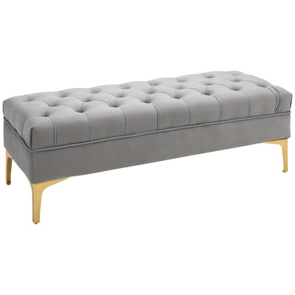 Bankje – Zitbank – Poef – Hocker – Velvet Gestoffeerd – Lichtgrijs – Gouden Metalen Poten – 118x45x42 cm – Zachte Comfortabele Zitting