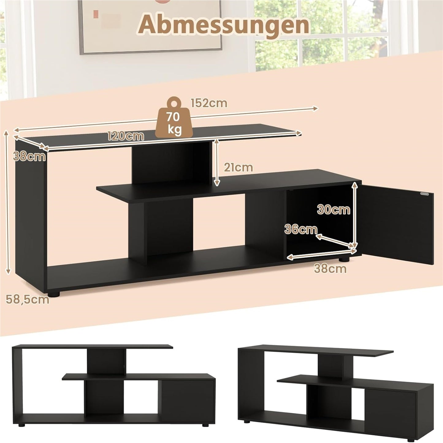 TV-kast – TV-meubel – Lowboard – Tv-dressoir – Tv-meubel zwart – Asymmetrisch ontwerp – Stevige constructie tot 55 inch