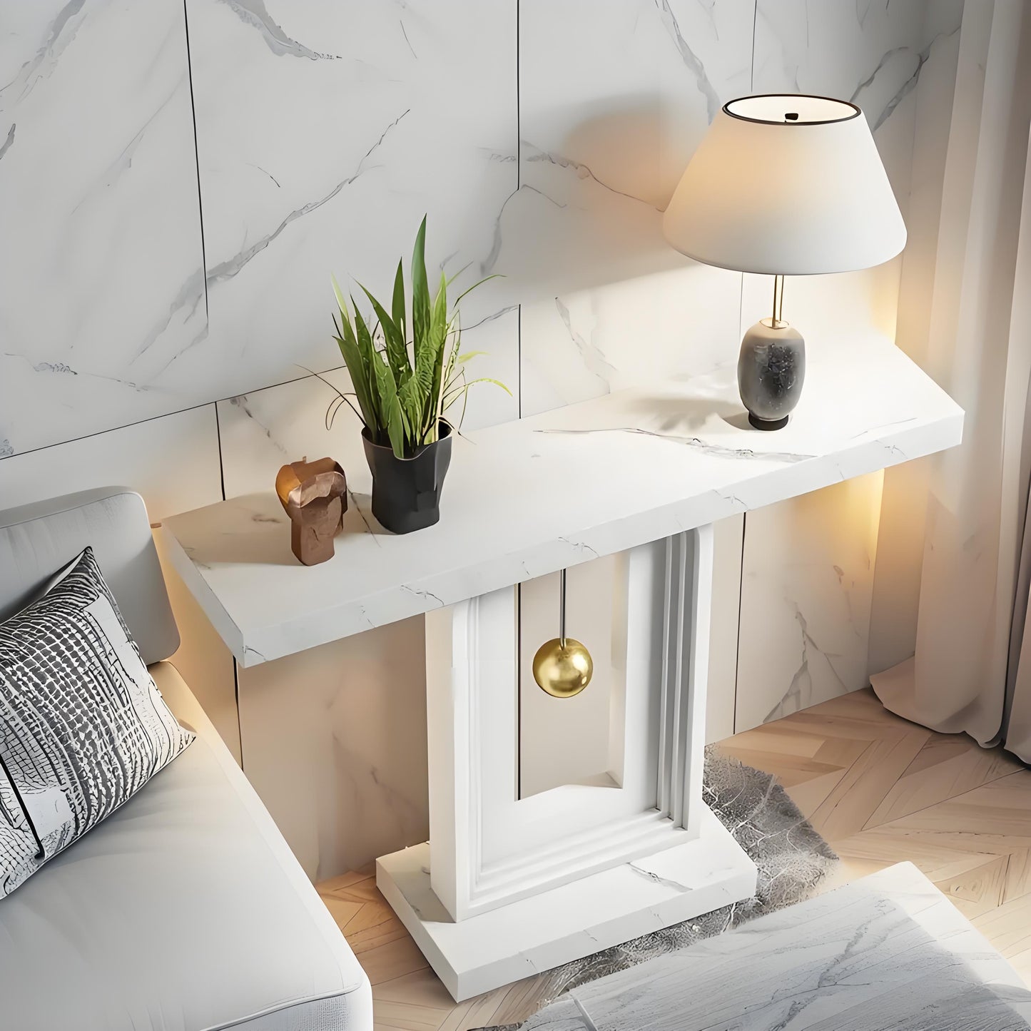 Sidetable – Console Tafel – Haltafel – Sofa Tafel – Wandtafel – Smal Ontwerp – Faux Marmeren Blad – Stevig Houten Frame – Pendelbasis – 102,87 cm Lang – Eenvoudige Montage