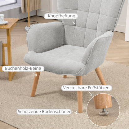 Accentstoel met Ottomaan – Relaxfauteuil – Zithoekstoel – Loungestoel – Fauteuil – Cord-Look Stof – Stevige Houten Poten – Grijs