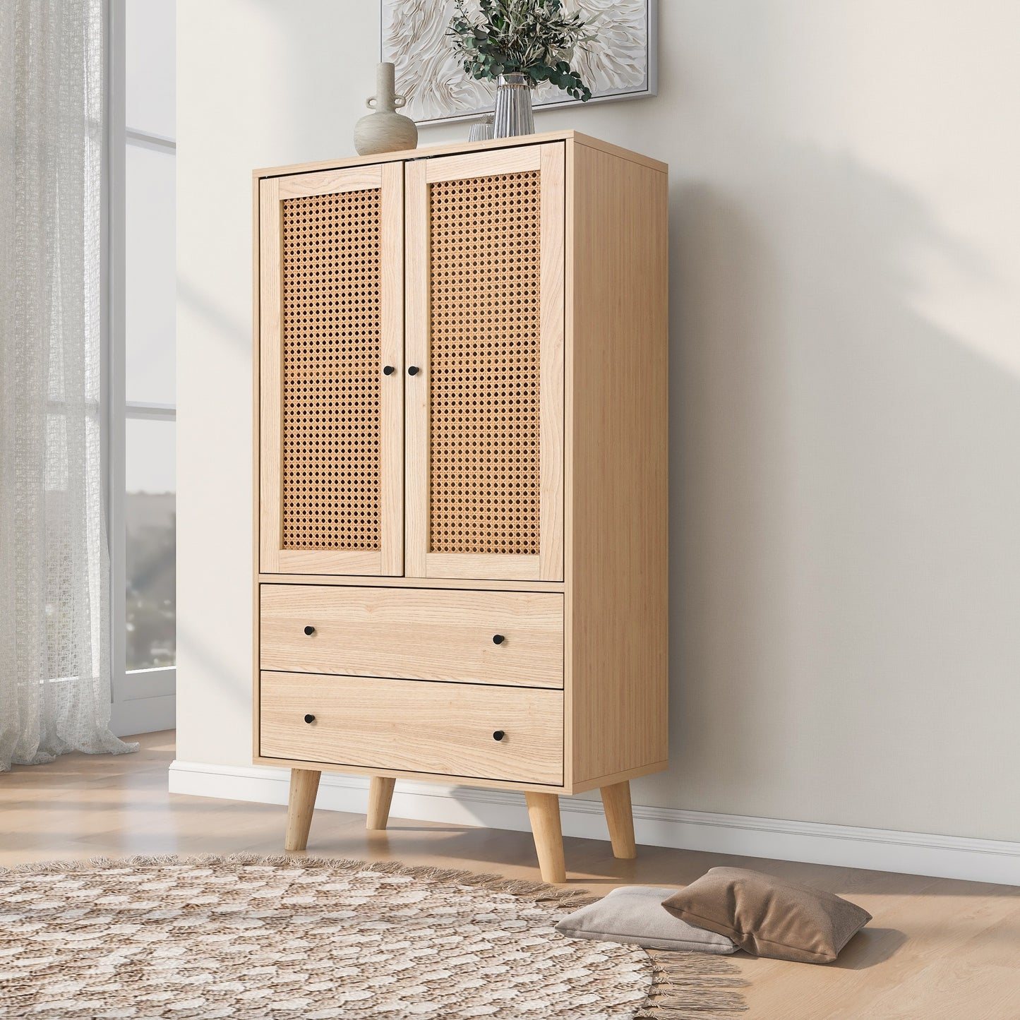 Bamboe Kast – Opbergkast – Ladekast – Opbergmeubel – Dressoir – Verticale Kast Met 2 Deuren En 3 Laden – Duurzaam Natuurlijk Bamboe – Compact 68 Cm Hoog