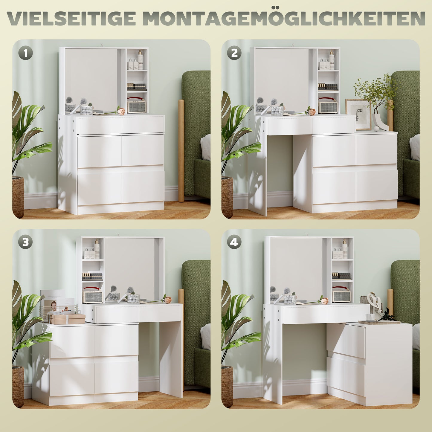 Make-Up Tafel – Schminktisch – Kaptafel – Vanity Table – Dressing Table – Wit – Grote Spiegel – 4 Lades en Veel Opbergruimte