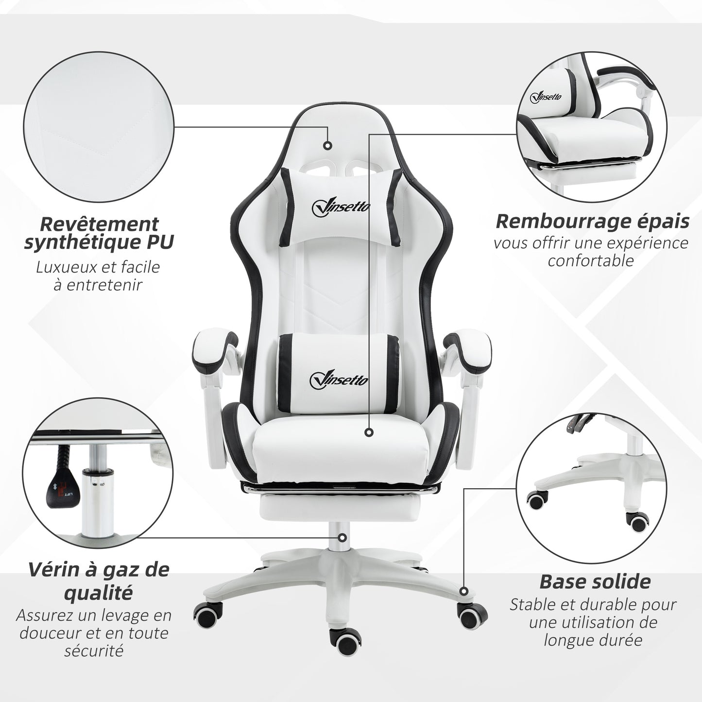 Gamingstoel – Bureaustoel – Gamechair – Zwart-Witte Stoel – Verstelbare Rugleuning 135° – Uitschuifbare Voetensteun & Hoofdkussen