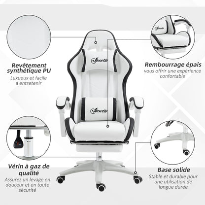 Gamingstoel – Bureaustoel – Gamechair – Zwart-Witte Stoel – Verstelbare Rugleuning 135° – Uitschuifbare Voetensteun & Hoofdkussen