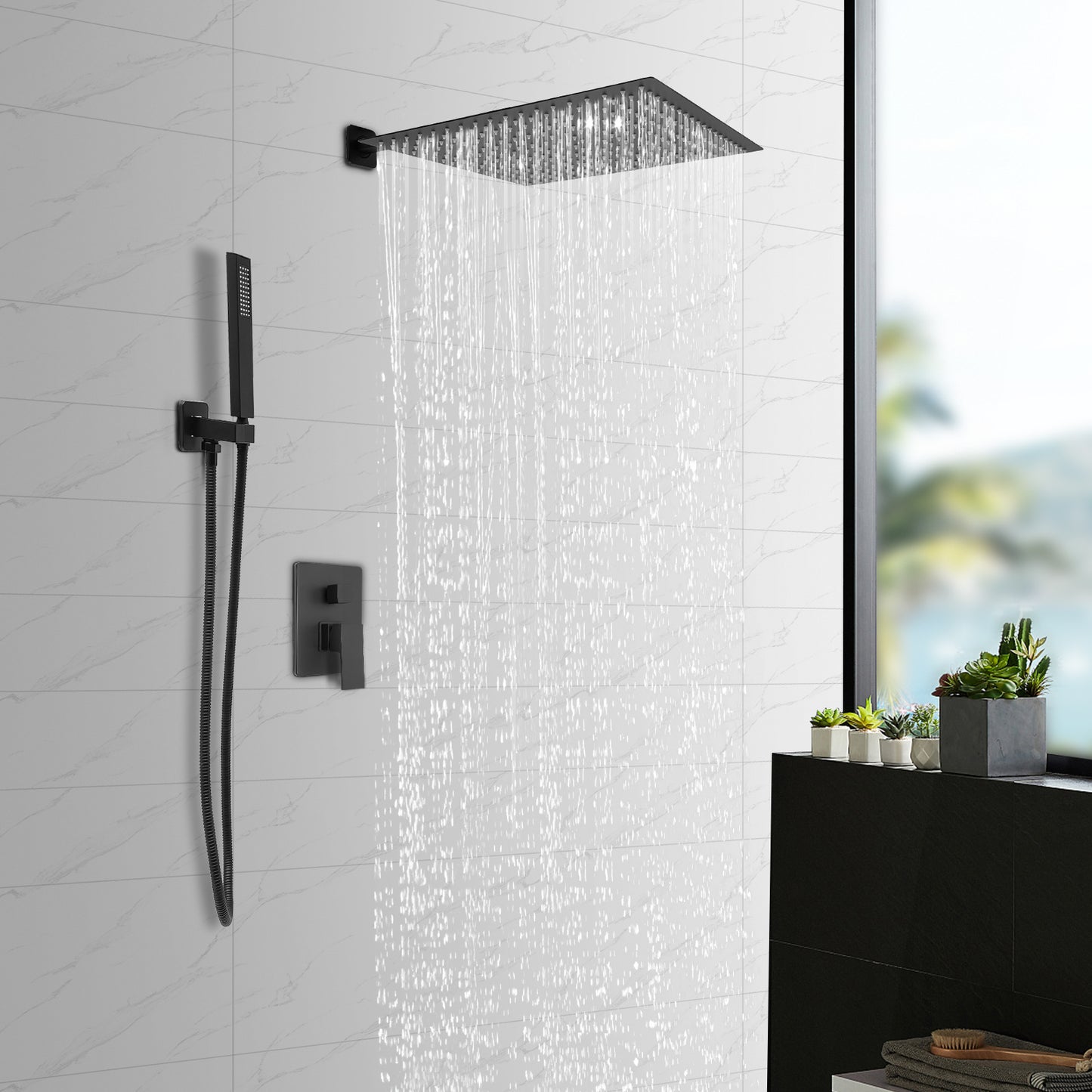 Badkraan – Douchekraan – Mengkraan – Badmengkraan – Handdouche – Mat Zwart – Ruime Regendouchekop 40x40 cm – Duurzaam Messing en Roestvrij Staal