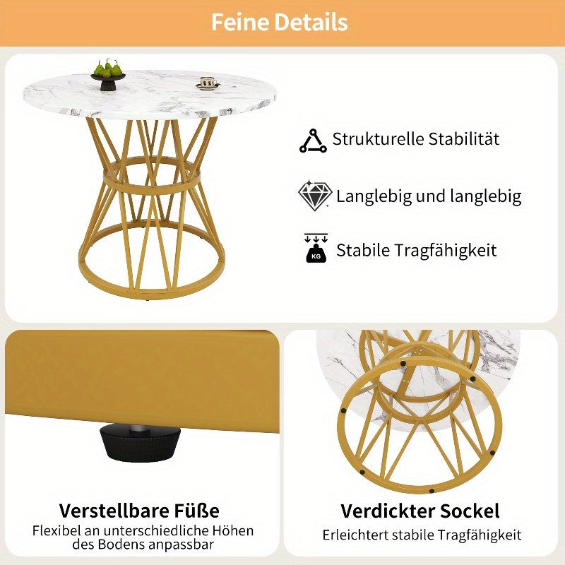 Modern Round Dining Table with Marble Look Top & Golden Metal Legs - White & Golden Marble Pattern Kitchen Table, Space-Saving 100cm Round Table for Small Spaces, Sturdy MDF-Free Metal Base, Easy-Clean Surface, Classic Contem