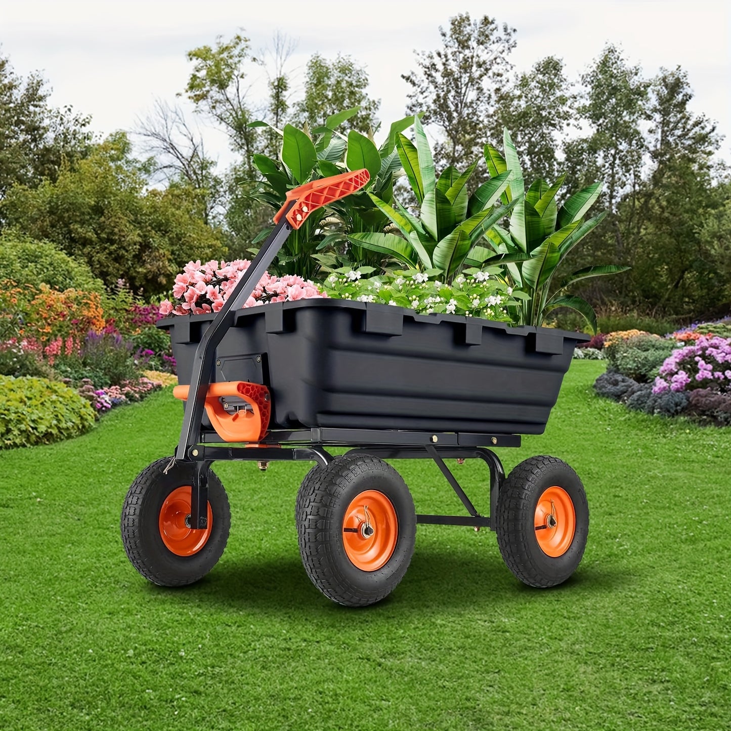 Tuinwagen – Kruiwagen – Kar – Transportwagen – Buitenwagen – Stevig Stalen Frame – 10 Inch All-Terrain Banden – Quick-Release Laadbak – 180° Draaibare Handgreep – Zwart