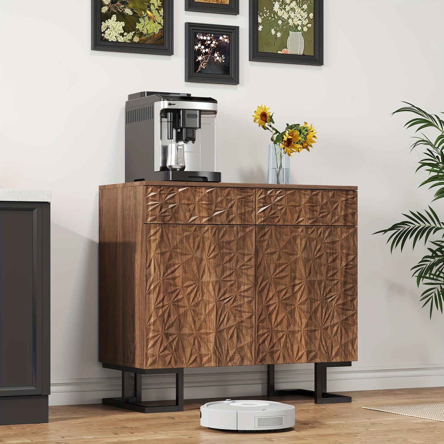 Chest of Drawers with Sideboard Dimensions of 80 X 40 X 78 Cm - Part of The "Leafy Psalm" Collection, Featuring a Dark Walnut Finish with Leaf Patterns, a Metal Leg Frame, Two Drawers, And Two Doors, Designed Without Handles,