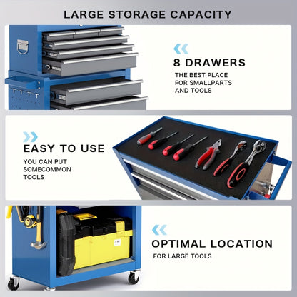 Gereedschapskist – Gereedschapskoffer – Toolbox – Opbergkist – Werkplaatskist – Grote Mobiele Kist – 8 Lade Opbergbox – Met Afneembaar Metaal Topvak