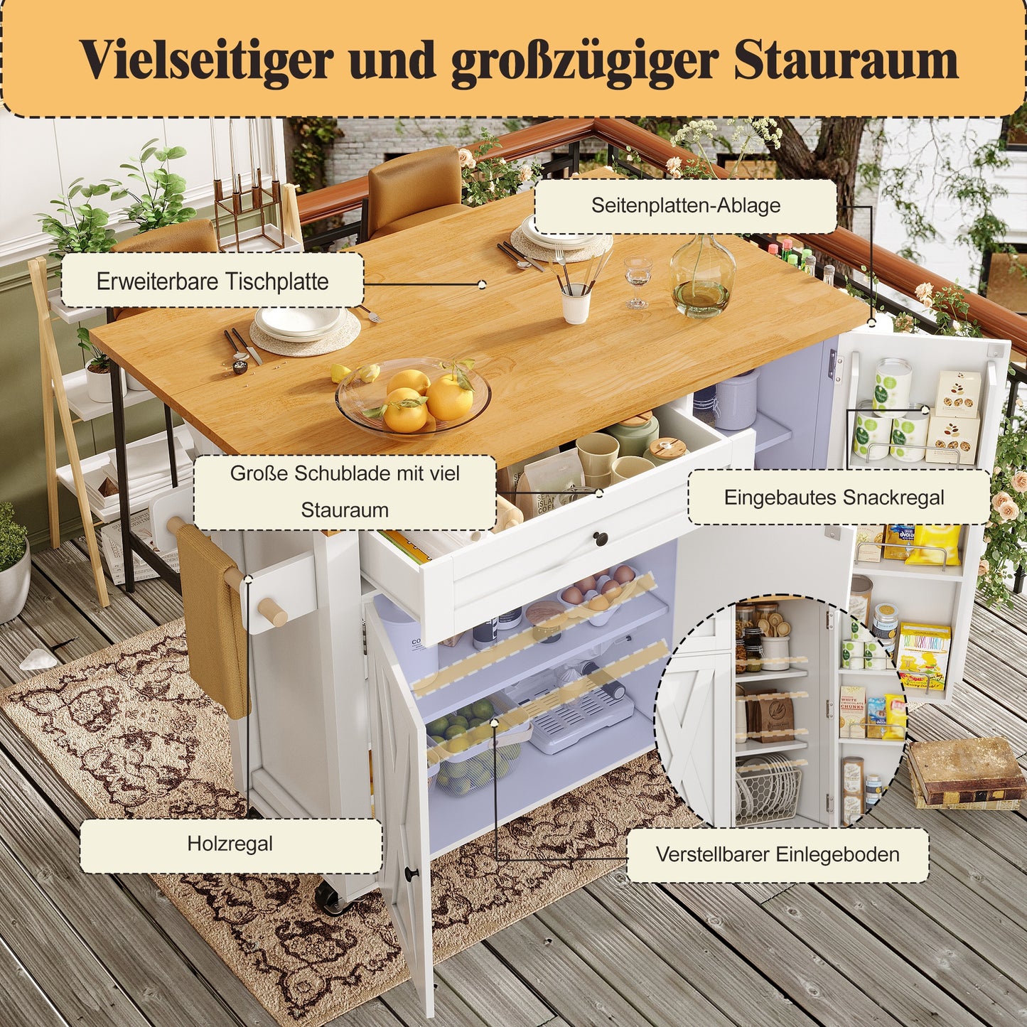 Keukenwagen – Keukentrolley – Serveerwagen – Buffetkast – Keukenmeubel – Inklapbaar Werkblad – 5 Zwenkwielen Met Rem – MDF En Metaal