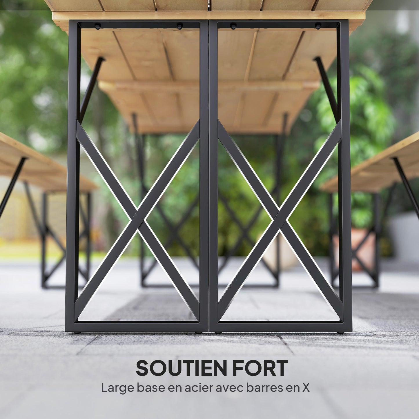 Houten Picknicktafel – Tuinset – Buitentafel – Terrasmeubel – Eettafel – 160 cm Met Parasolgaten – Stevig Stalen Frame