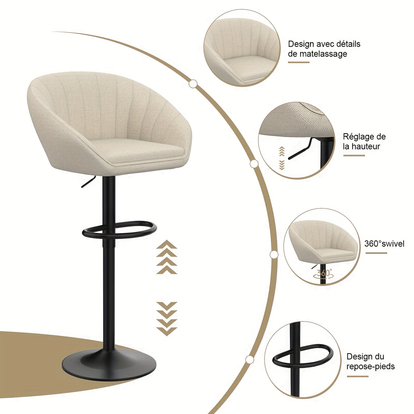 Barstoel – Barkruk – Barstoel Kruk – Barstoelen – Keukenstoel – Set Van 2 – Linnen Stof – Draaibaar Met Voetsteun – Verstelbare Hoogte – Beige