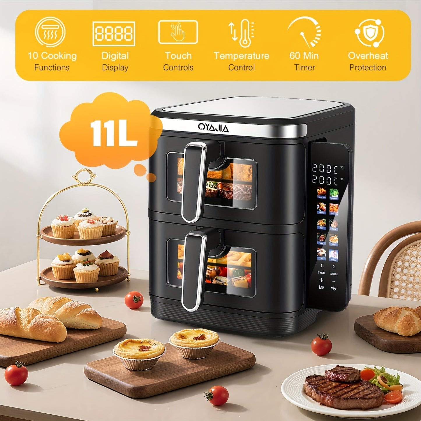 Airfryer – Heteluchtfriteuse – Dubbele Mand – Dubbele Lade – XXL Heteluchtoven – 11L Capaciteit – Verticaal Stapelbaar – PFAS-vrij – 2800W – 10 Kookprogramma’s – Sync & Match Functie